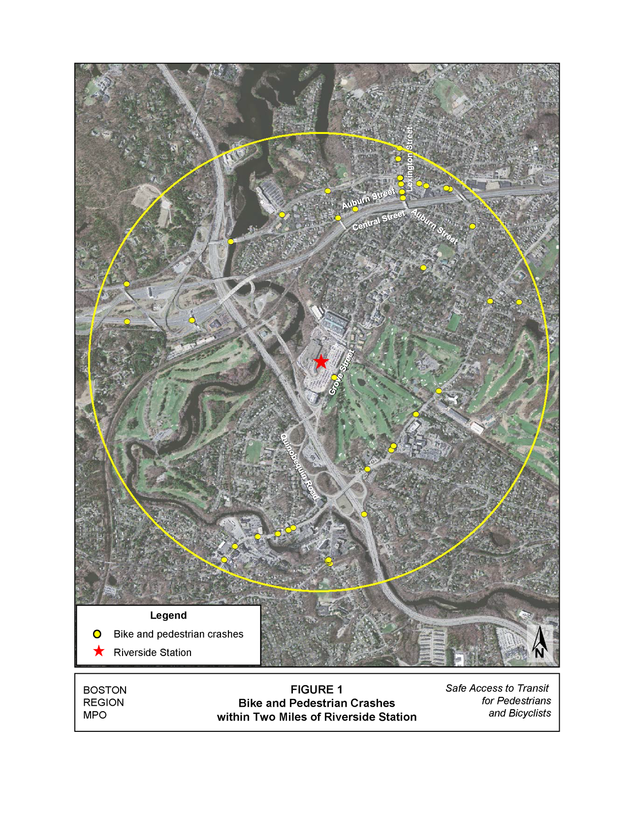 Shows the locations of bike and pedestrian crashes within two miles of the station.